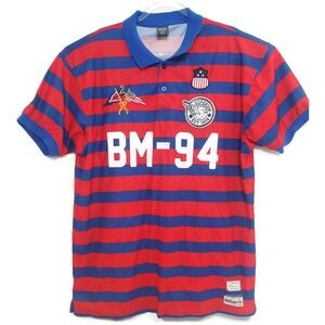Bleecker & Mercer Polo Shirt Mens L/XL Red Blue Striped BM-94 Embroidered Rugby